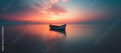 A boat calmly positioned atop a vast body of water  under the beautiful sunset sky. The serene scene showcases the boat as the main subject against the expansive seascape backdrop.