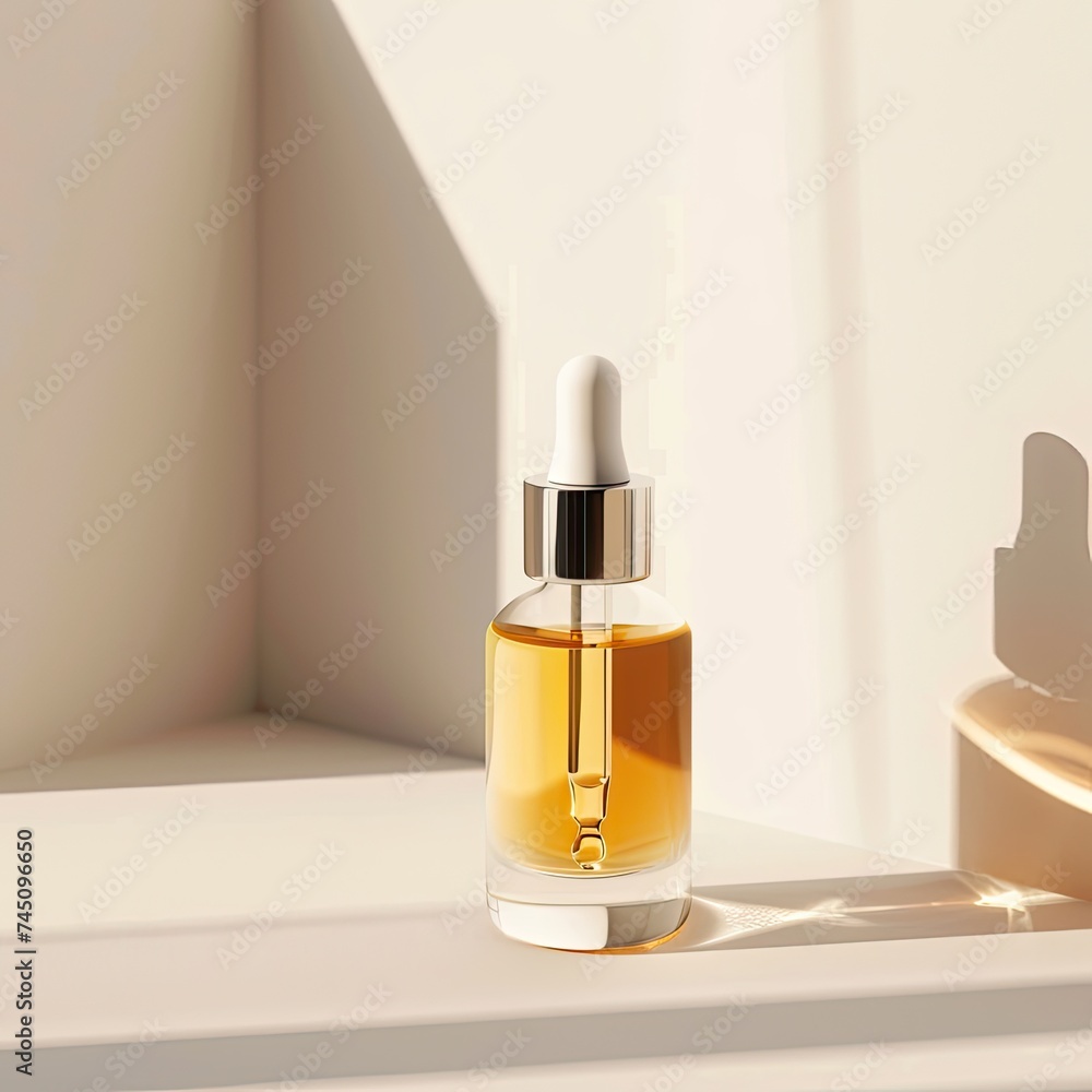 minimalist studio scene focused on a single, elegant bottle of herbal facial serum The bottle, with a pipette applicator, stands on a pristine white surface