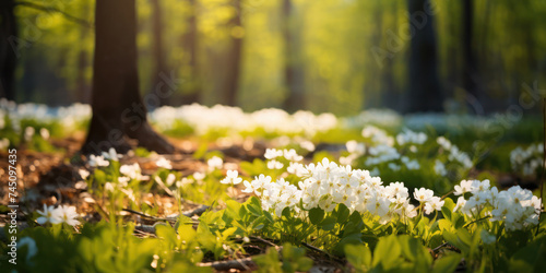 White spring flowers on forest floor