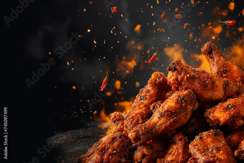 Spicy chicken wings with visible hot seasoning and splashes. photo