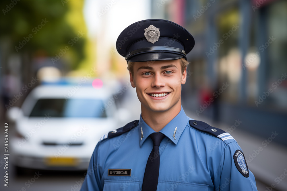 Young handsome blonde man at outdoors with police uniform Young handsome blonde man at outdoors with police uniform