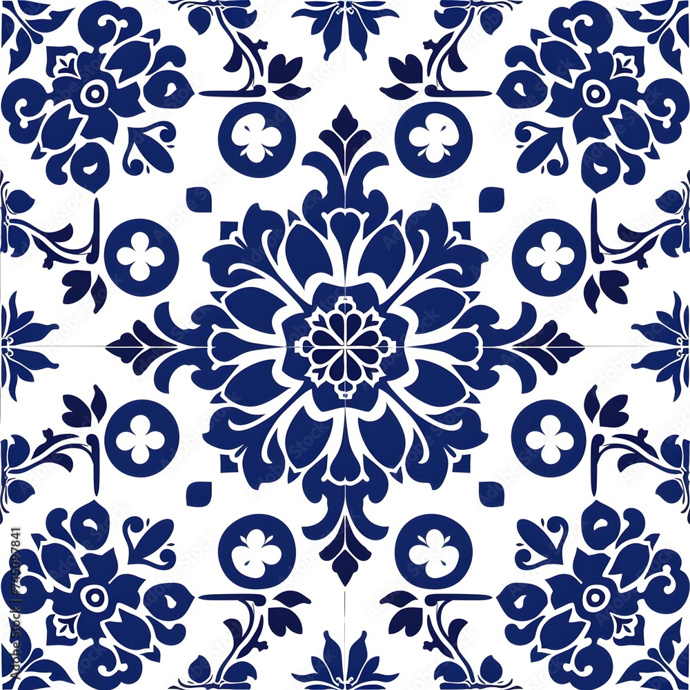 Fototapeta premium Tile Design: Classic Cobalt Blue and White, Azulejo Style, Square Background, Hand Edited Generative AI