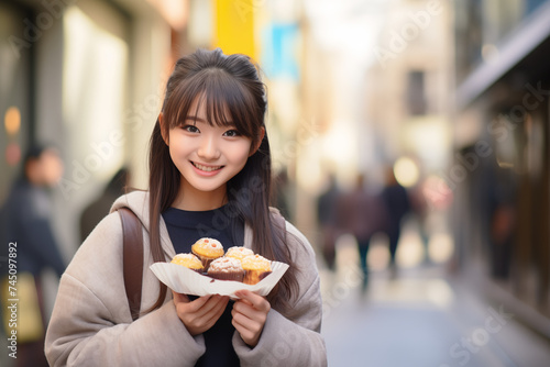 Teen pretty Japanese girl at outdoors holding muffin cake