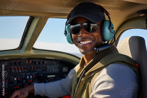 Young African American man airplane pilot