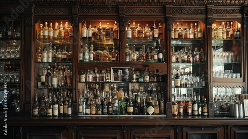 Wide variety of bottles of alcohol or liqueur are placed on the shelves of a vintage bar