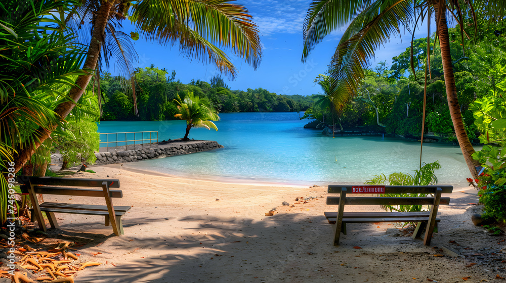 A pristine beach in the South Pacific, framed by lush palm trees and crystal-clear waters, with a welcoming sign inviting visitors to Mystery Island, Vanuatu