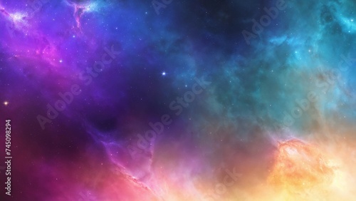 Bold cosmic nebula artwork presenting swirling shades of blue purple and orange 