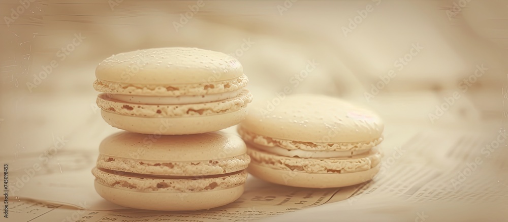 A stack of three vintage style French macaroons sits neatly on a table. The delicate pastel-colored treats are perfectly displayed with a retro filter effect enhancing their appeal.