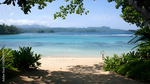 A pristine beach in the South Pacific, framed by lush palm trees and crystal-clear waters, with a welcoming sign inviting visitors to Mystery Island, Vanuatu