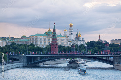 The Moscow Kremlin Wall opposite the Moskva river at dusk