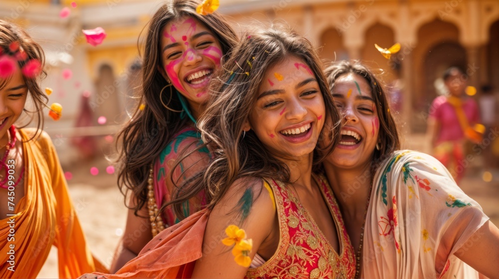 Happy women in nature, smiling together, enjoying the Holi Festival.