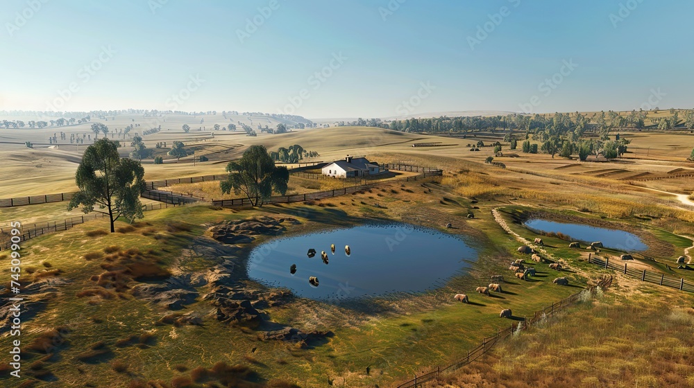 large Western Australian sheep farm, aerial view, farm house, sheep, small dam, summer clear sky, photo realistic,