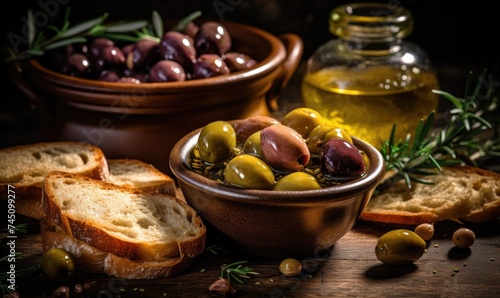 A Mediterranean Feast: Olives, Bread, and Olive Oil on Display