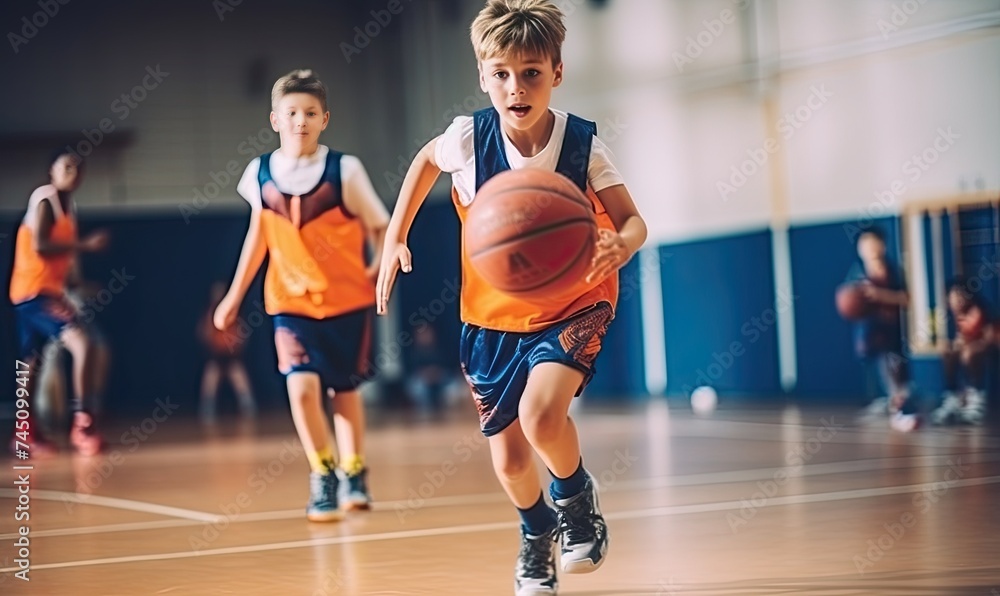 Young Boys Engaged in an Energetic Game of Basketball