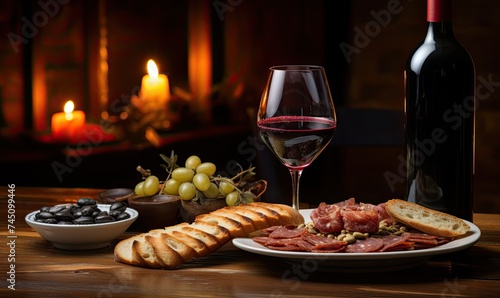 A Delicious Meal with Fine Wine, Perfectly Presented on a Tablecloth