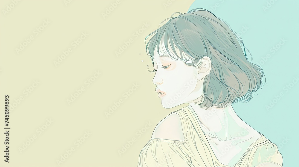 Light yellow and light blue background with a 40-year-old woman, hand-drawn anime style Light yellow and light blue background with a 40-year-old woman, hand-drawn anime style