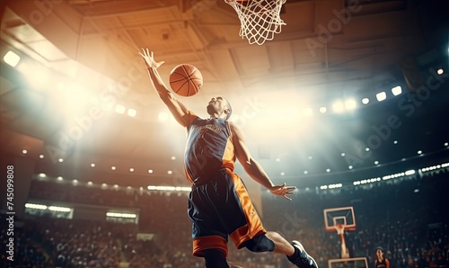 Airborne Elevation: A Basketball Player's Gravity-Defying Dunk Showcasing Skill, Power, and Precision