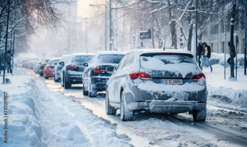 A Winter Wonderland: Streets Packed with Snowy Cars