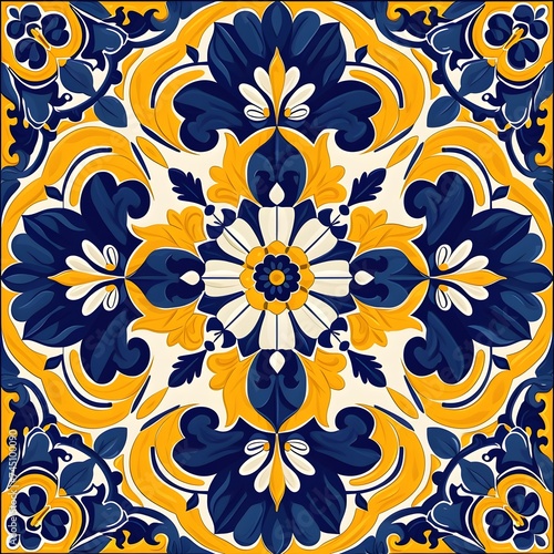 Tile Design: Azulejo Inspired Vibrant Geometry, Square Background, Hand Edited Generative AI
