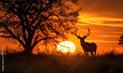 Deer Standing in Field With Setting Sun