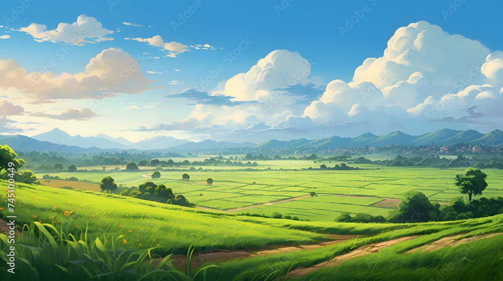 Obraz premium A serene agricultural landscape painted with hues of green, illuminated by the soft glow of the morning sun