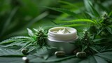 Jar of hemp white lotion. Cannabis cream with marijuana leaf - cannabis concept. Flat lay, top view