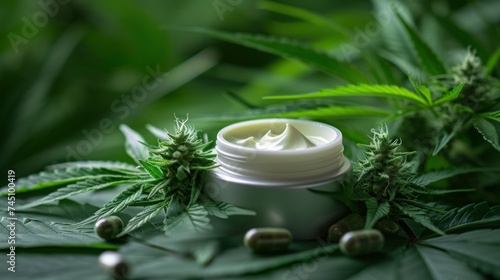 Jar of hemp white lotion. Cannabis cream with marijuana leaf - cannabis concept. Flat lay  top view