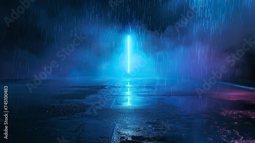 Dark empty scene, blue neon searchlight light, wet asphalt, smoke, night view, rays - generative ai