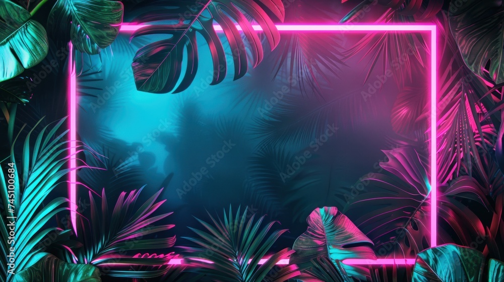 An eye-catching neon frame frames the exotic beauty of tropical leaves An eye-catching neon frame frames the exotic beauty of tropical leaves