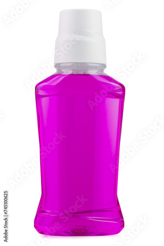 Bottle with pink liquid cosmetic for teeth, isolated on white background.