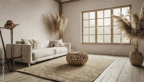 Natural Elegance: Wabi-Sabi Inspired Living Room with Low Sofa and Organic Accents"
