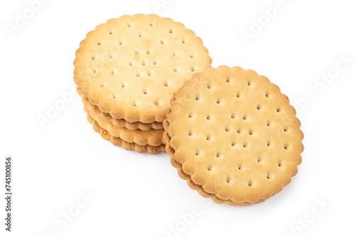 Two round sandwich biscuits isolated on a white background.