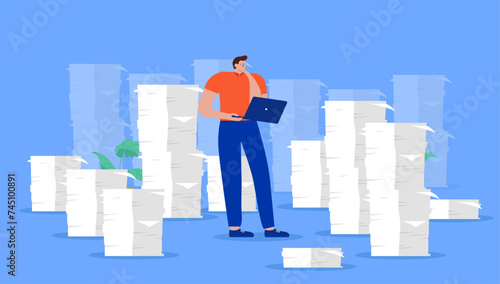 Paperwork and archiving - Office person standing with laptop with big stack of papers working and thinking. Lots of work concept in flat design vector illustration