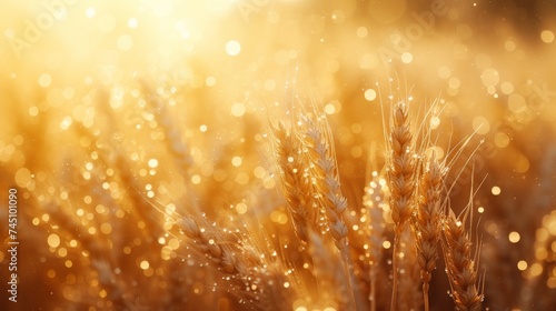 Sunkissed Golden Wheat Field with Dewy Water Droplets in the Background, Nature's Morning Beauty