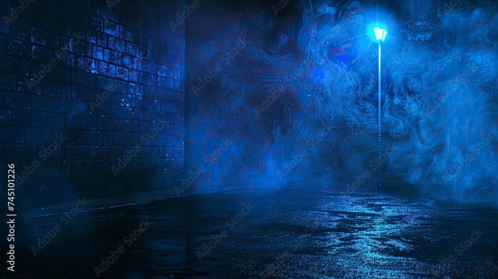 Dark empty scene, blue neon searchlight light, wet asphalt, smoke, night view, rays - generative ai