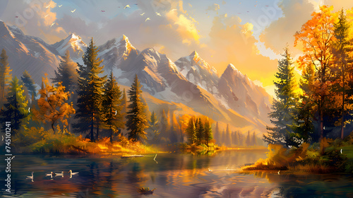 A serene lake nestled amidst rolling hills and towering pines, its glassy surface mirroring the vibrant colors of the surrounding autumn foliage under a warm, golden sunset
