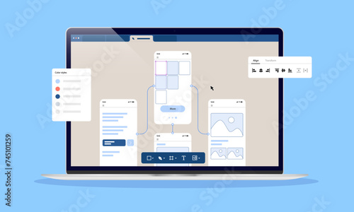 Website prototype and wireframes - Laptop computer screen with web page development and design sketch software. Flat design vector illustration in front view