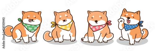 Vector Illustration of Cartoon Shiba Inu Dog Characters on Isolated Background