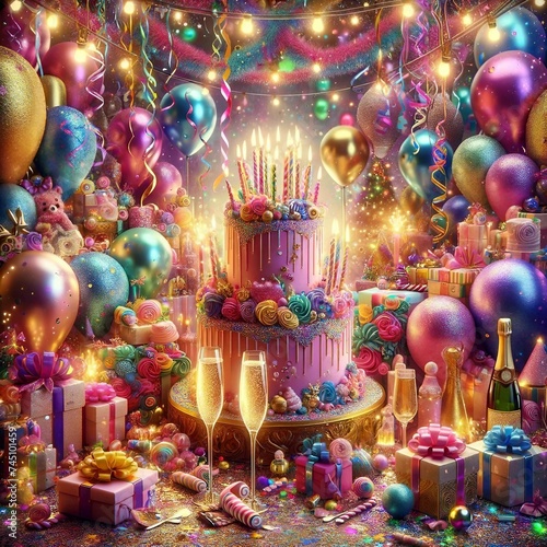 Vibrant Birthday Celebration with Cake and Balloons