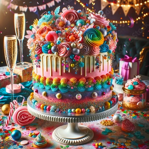 Colorful Festive Celebration Cake with Candy Decorations