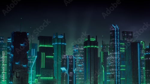 Futuristic Metropolis with Green and Blue Neon lights. Night scene with Visionary Superstructures. photo