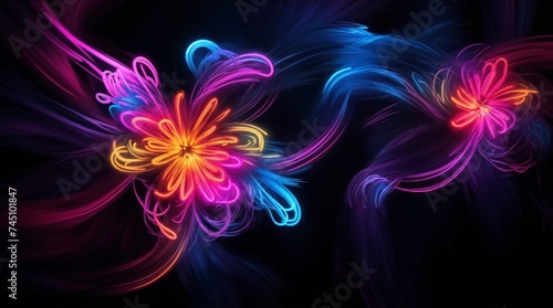 Energetic neon blooms in vivid abstract swirls against a dark background 