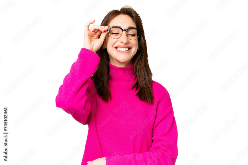 Young caucasian woman over isolated chroma key background with glasses and happy Young caucasian woman over isolated chroma key background with glasses and happy