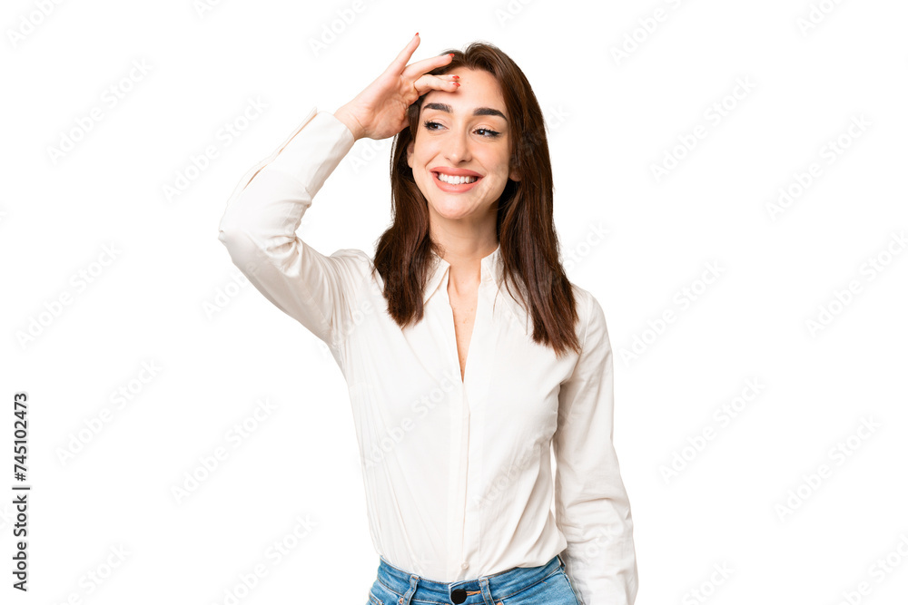 Young caucasian woman over isolated chroma key background looking far away with hand to look something Young caucasian woman over isolated chroma key background looking far away with hand to look something
