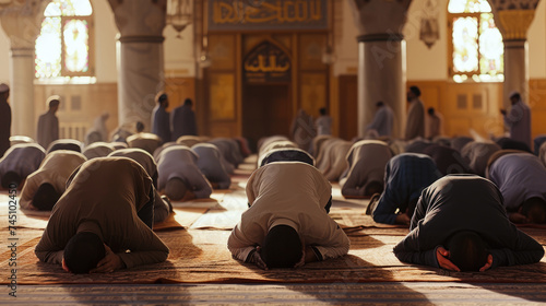 Muslim men in prostration during prayer in a mosque at sunset Muslim men praying in Mosque interior.