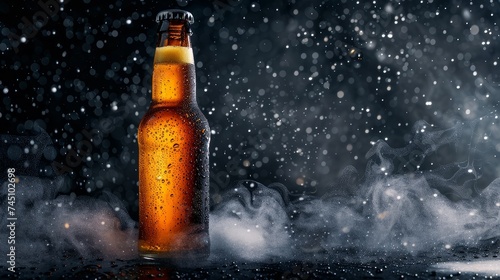 Cold beer bottle with drops, frost and vapour on black 