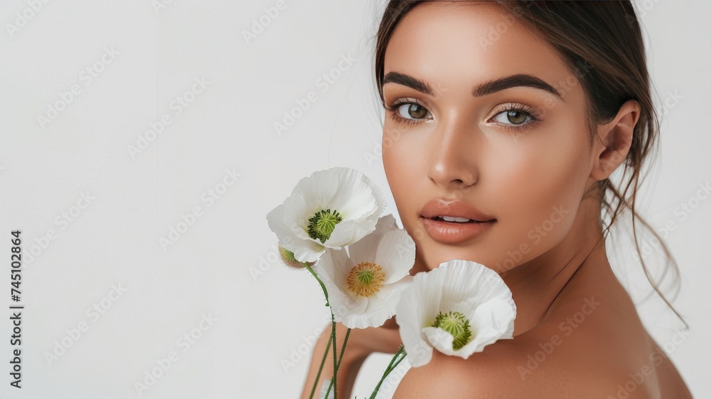 beauty portrait of a girl with perfect radiant skin and a bouquet of white spring anemones, the concept of natural beauty and gentle skin care, copy space