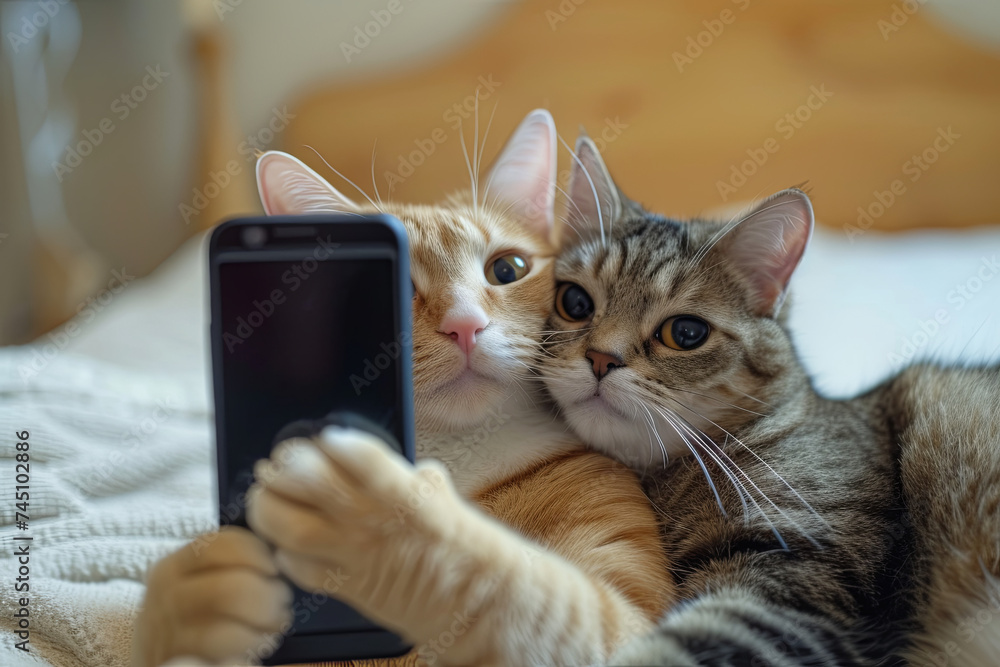 Couple of cat taking a selfie together with a smartphone Couple of cat taking a selfie together with a smartphone