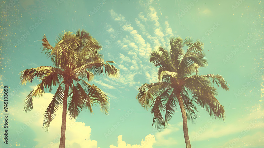 A serene scene of palm trees towering overhead against a clear blue sky, with wisps of clouds adding depth to the vintage-style summer landscape