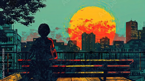 old school japanese art style of a person looking out at the sunset from a city bench